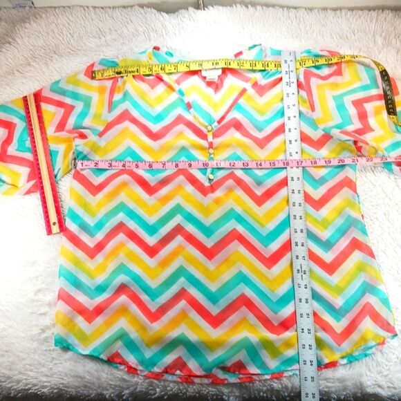 Poelle Du Jour Sheer Chevron Patterned Women's Top Blouse Large Vibrant Colors.. - Picture 9 of 10